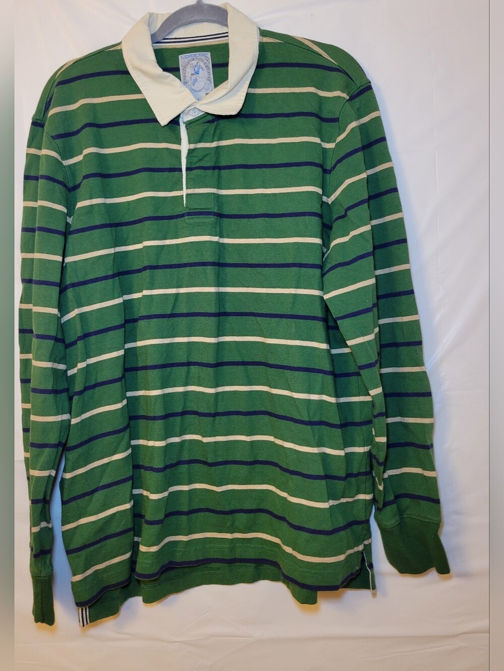 Lands' End Green Rugby Shirt with Navy and Cream Stripes